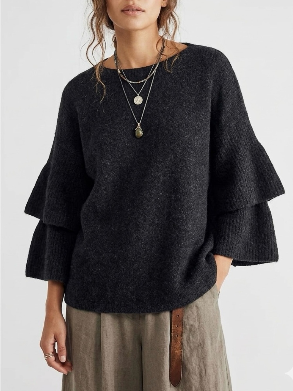 Madewell Tier-Sleeve Charcoal Pullover Sweater Sz S Boho Chic Romantic Cozy Knit